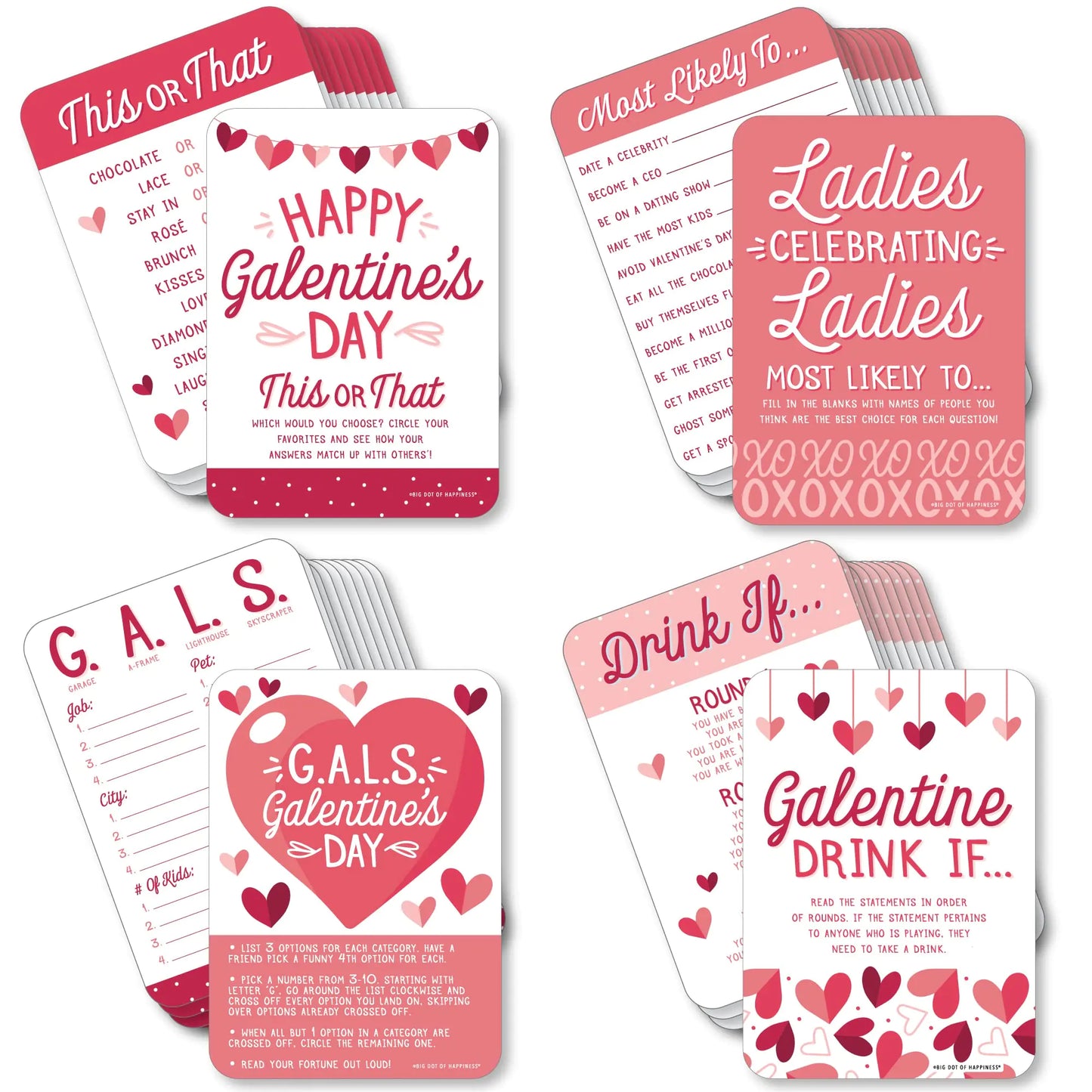 Big Dot of Happiness Happy Galentine’s Day - 4 Valentine’s Day Party Games - 10 Cards Each - Gamerific Bundle