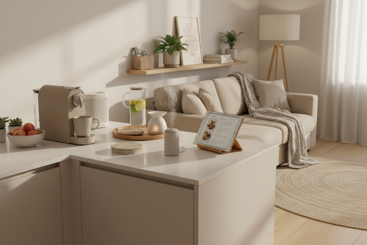 A cozy modern home scene featuring practical everyday home essentials and useful gadgets on a kitchen counter or living space. Neutral colors, soft beige and cream tones, natural daylight, realistic lifestyle setting, minimal clutter, warm and inviting atmosphere, modern home aesthetic.