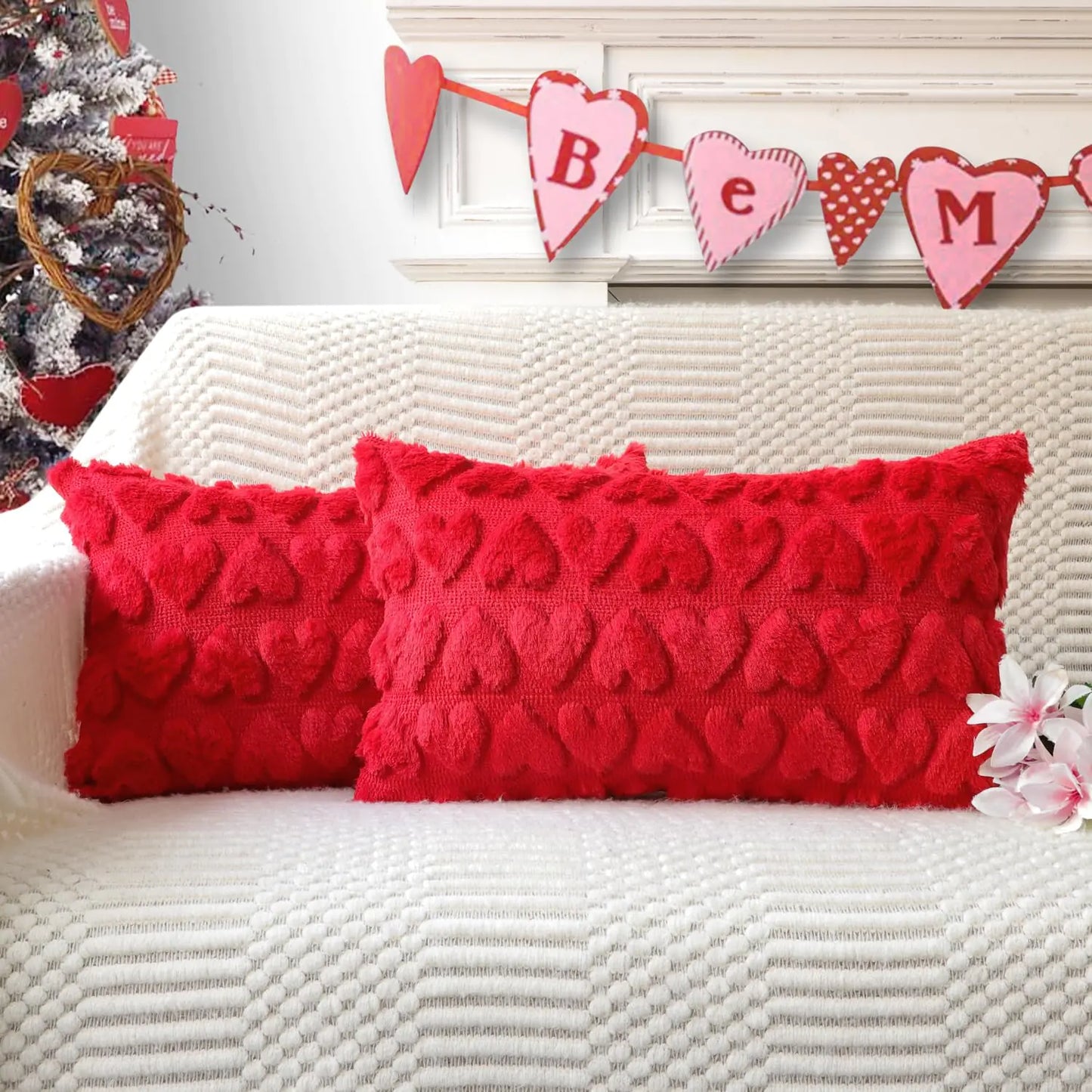 4TH Emotion Valentines Day Love Decorative Lumbar Pillow Covers 12x20 Set of 2 Red Soft Plush Faux Fur Farmhouse Throw Cushion Cases for Spring Holiday Home Decorations
