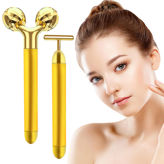Face Massager Electric Skin Care Tool 24k Golden T Shape Beauty Bar & 3D Roller Massager Vibration Facial Lifting and Body Treatment Tool Kit Reduce Puffiness Improve Wrinkles Anti Aging Device